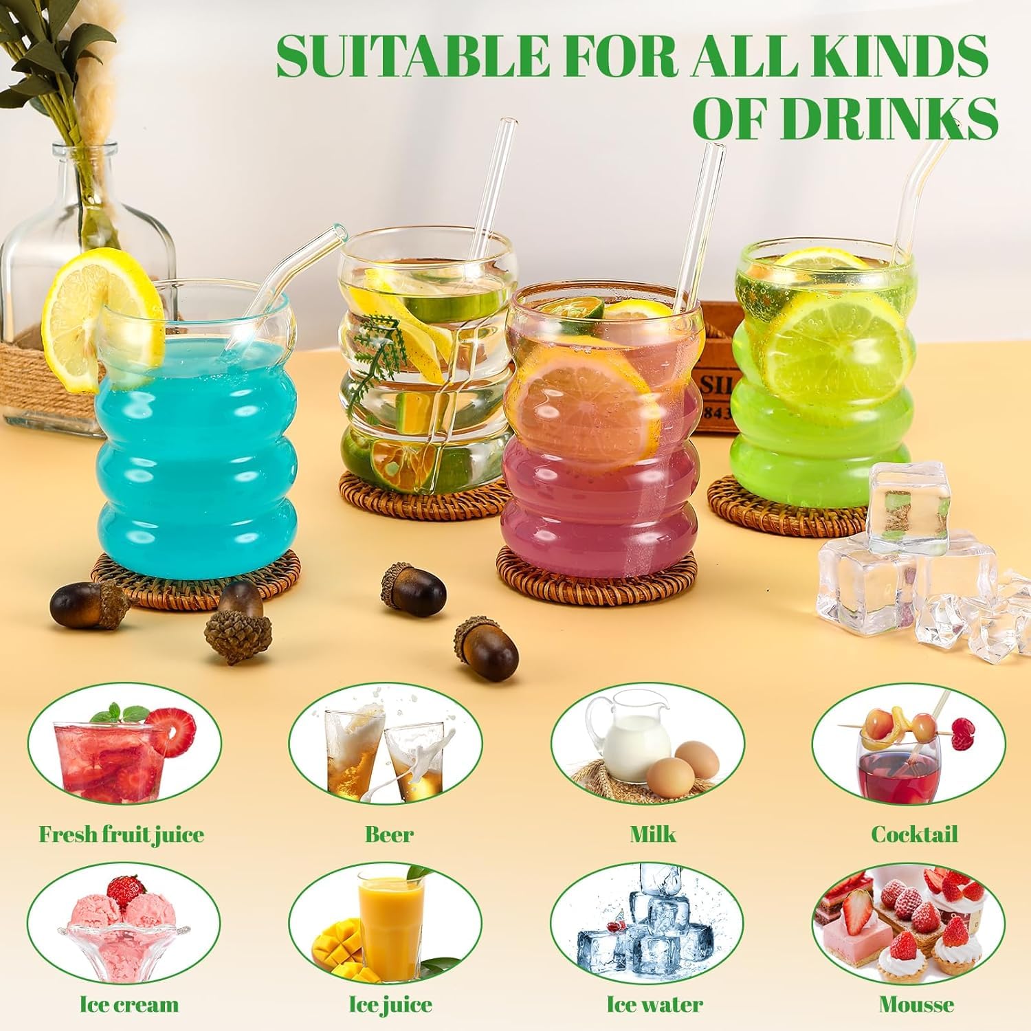 4 bicchieri da cocktail con ananas da 480 ml, con 4 cannucce, set di