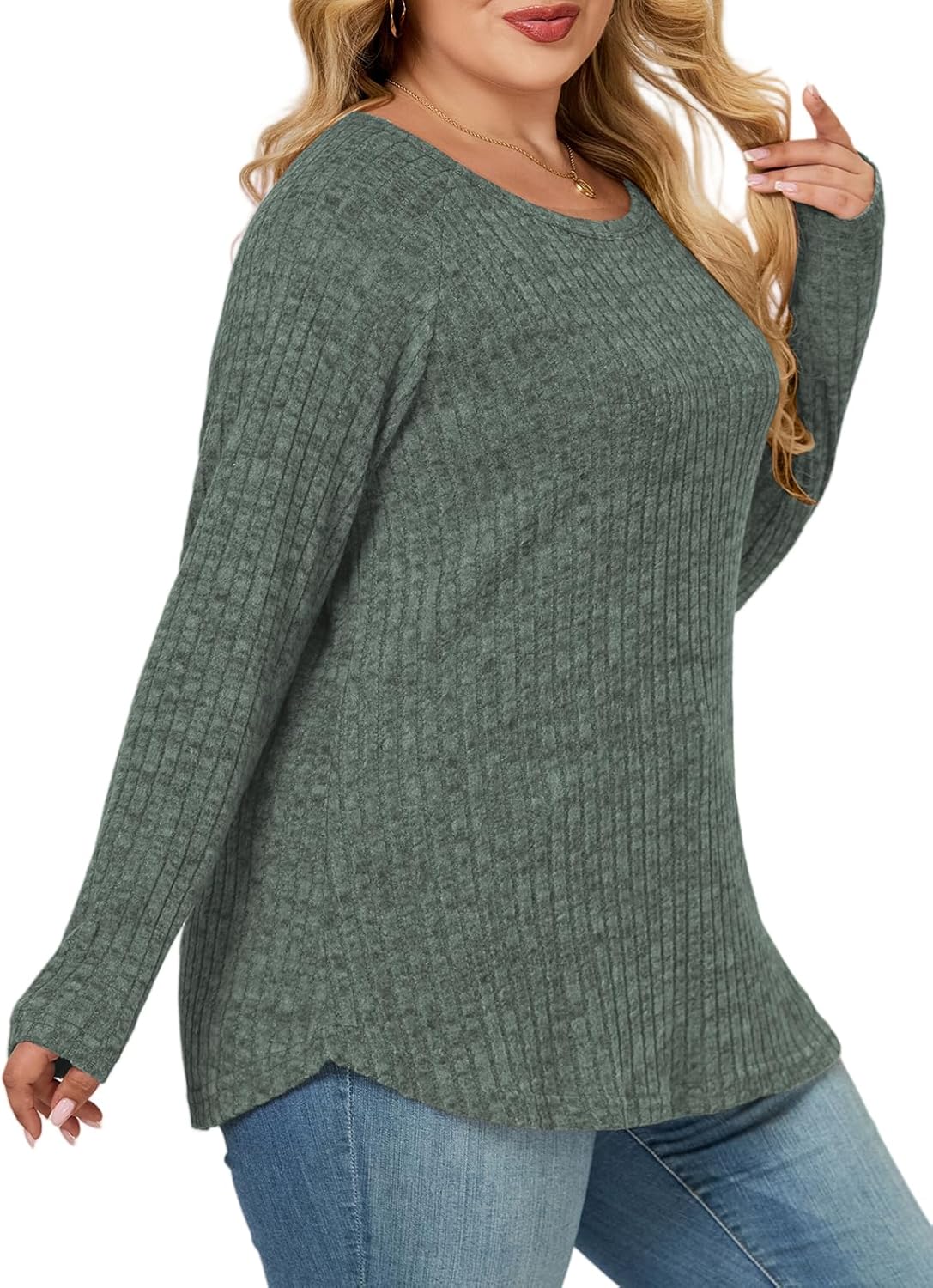 ROSRISS Plus-Size Sweaters for Women Casual Oversized Long Sleeve Crewneck Tops Trendy Dressy Basic Ribbed Knit Shirts XL-5XL - Image 3