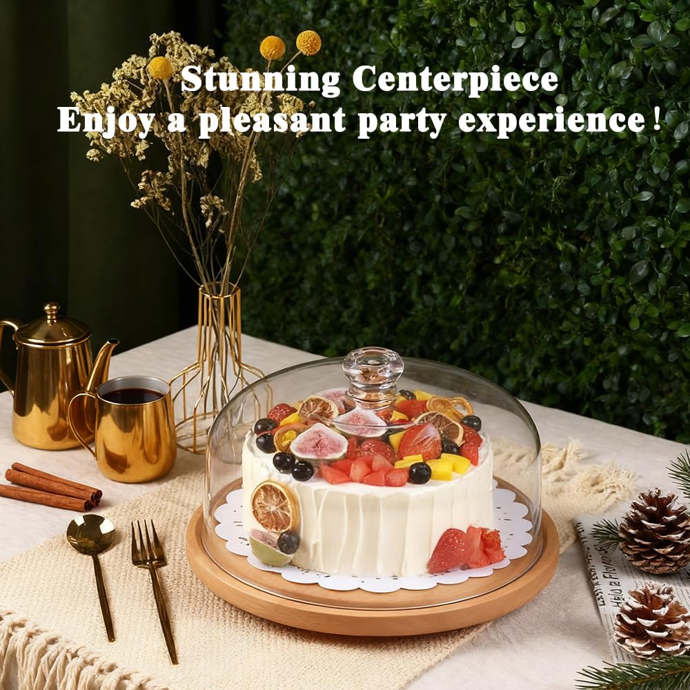Piatto per torta con coperchio, supporto per torta 4 in 1, rotondo, in legno, con campana da 29 cm, piatto da forno e pinza da cucina, supporto per compleanno, matrimonio, festa