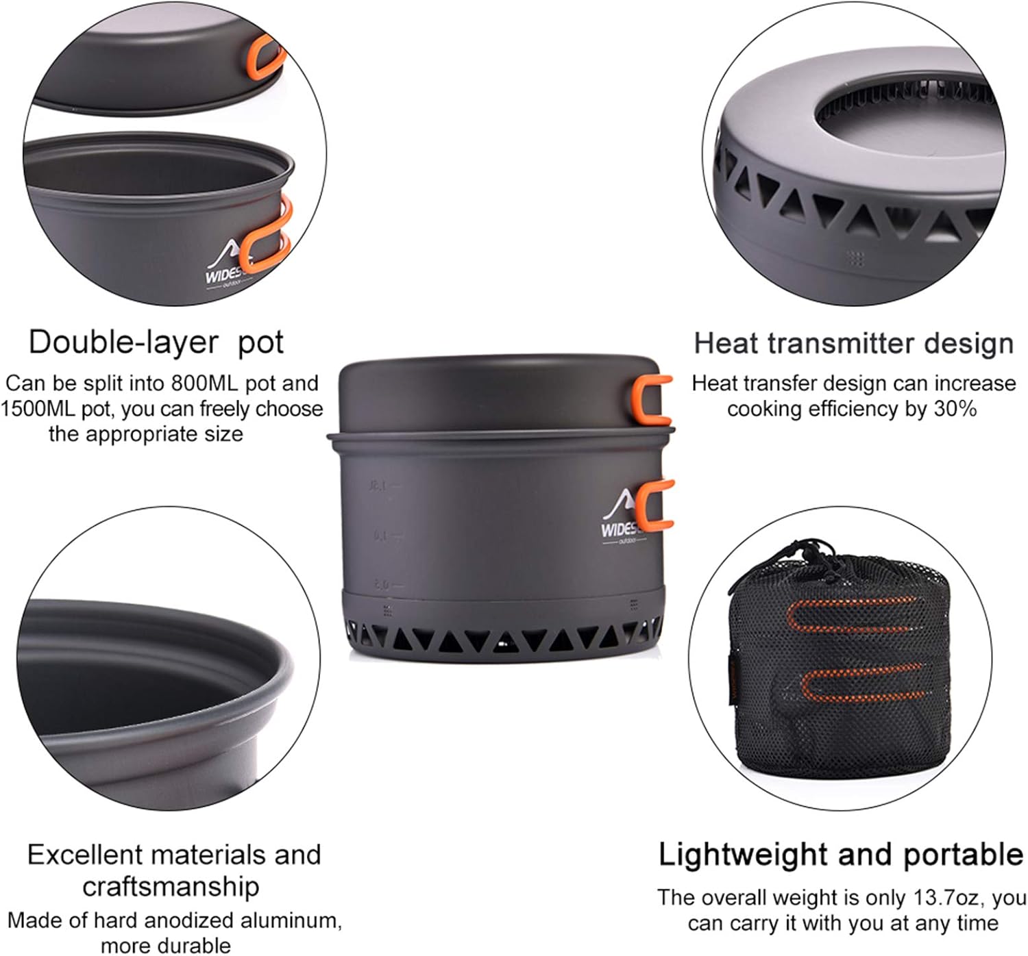 widesea Camping Cookware Outdoor Pot Pan Cooking Equipment Heat Exchange Design for Hiking Backpacking Travel