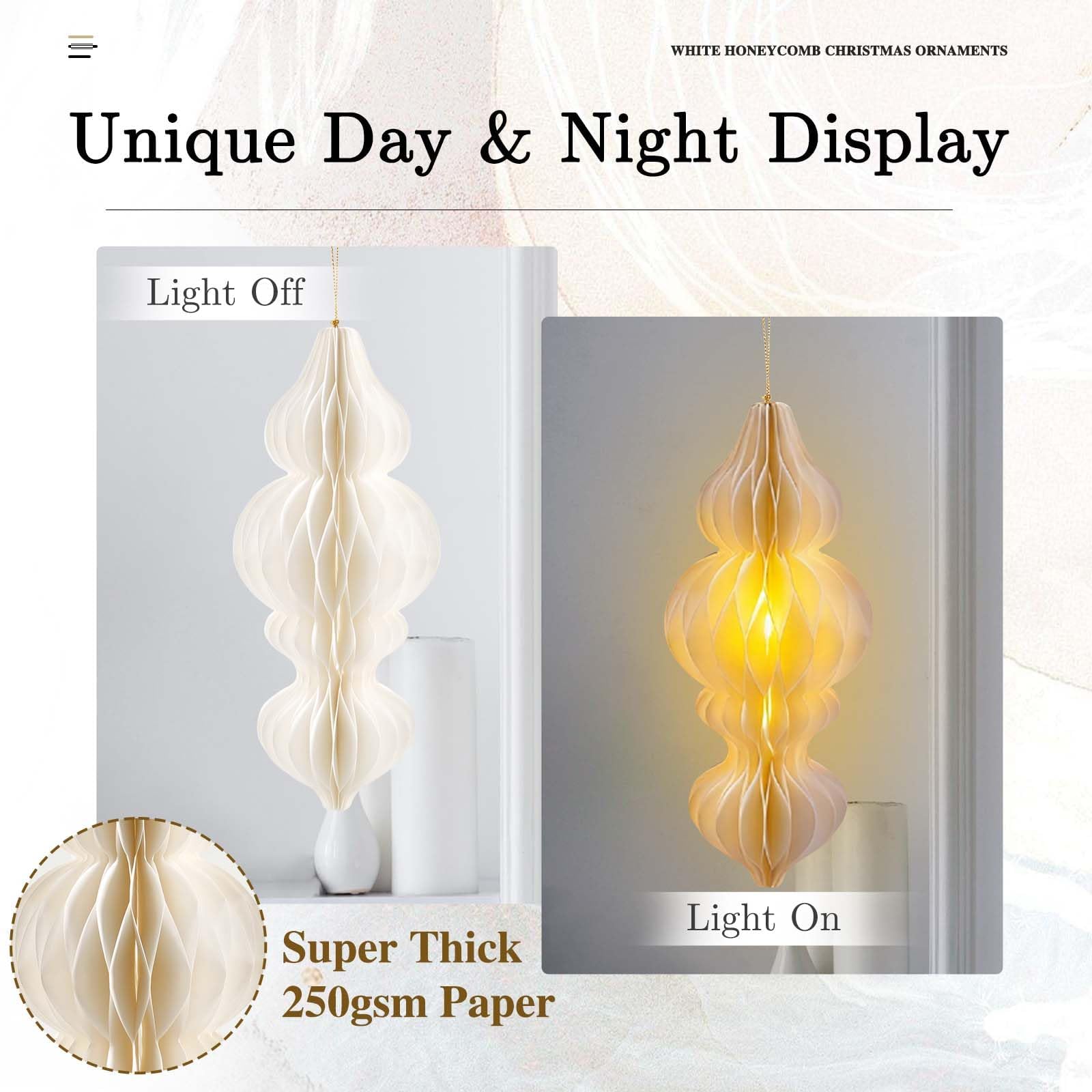 Ensemble de décorations de Noël blanches à suspendre en papier 3D en nid d'abeille, lanternes décoratives en nid d'abeille avec lumières, guirlandes d'éventails en papier pour sapin de Noël