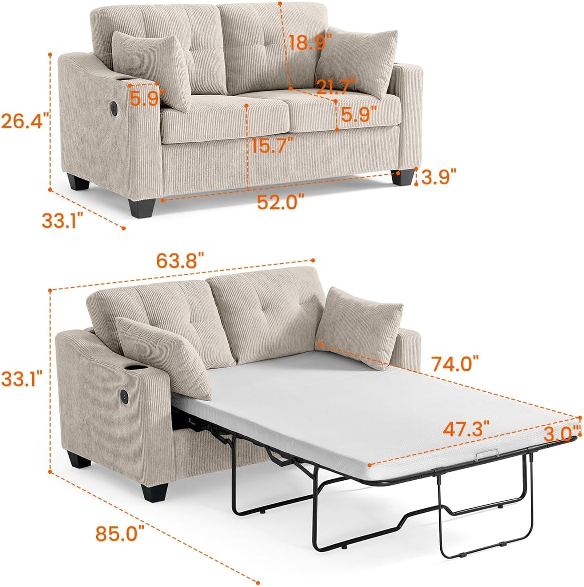 Full Size Pull Out Sleeper Sofa Bed, 2-in-1 Convertible Corduroy Pull Out Couch Bed with USB Charging, Memory Form Loveseat Sleeper for Living Room, Apartment, Small Space, Corduroy Beige, Full Size