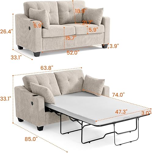 Miniatura 3 de CHIC HOUSE Sofá cama extraíble, sofá cama tamaño matrimonial, sofá cama de pana convertible 2 en 1 con carga USB, sofá con forma de memoria para