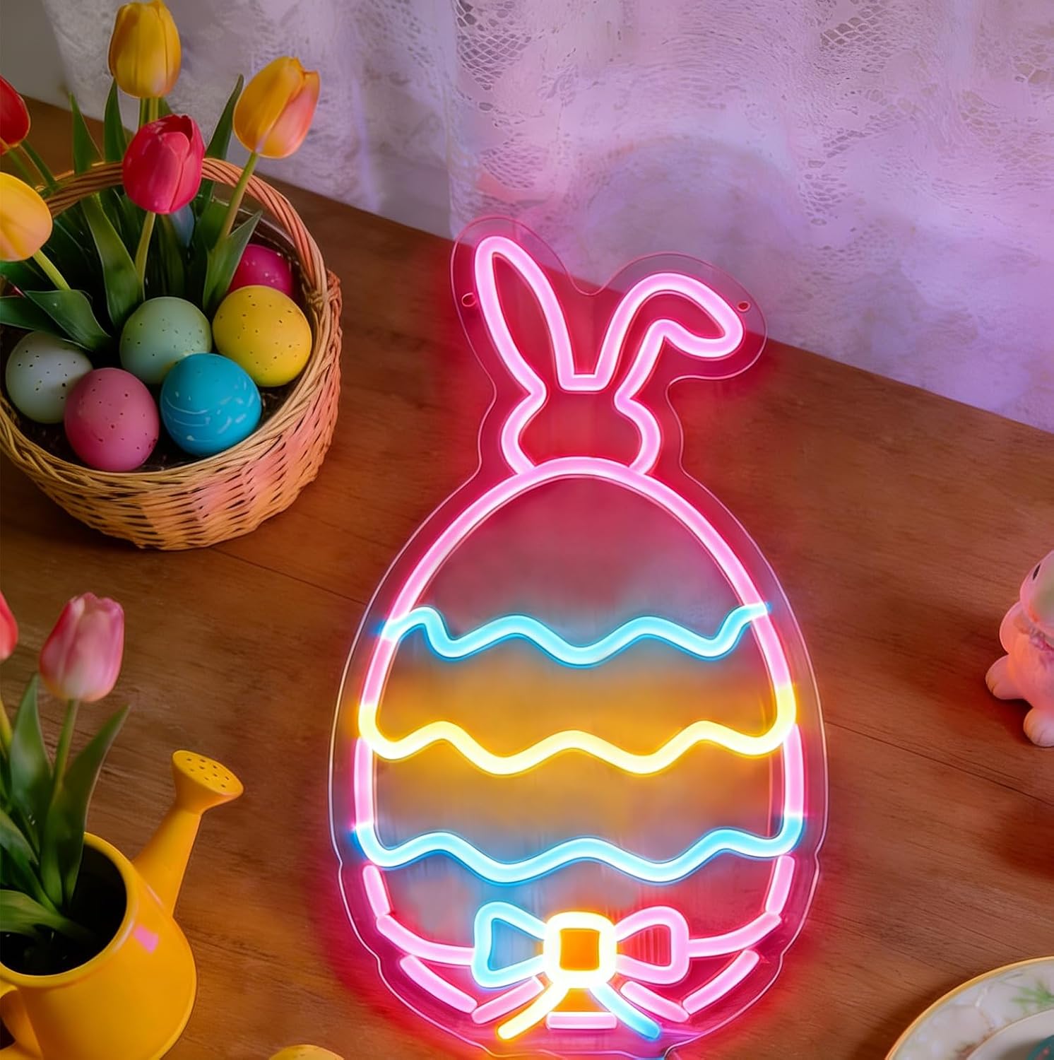 Easter Egg Neon Signs for Wall Decorations, LED Egg Lights with Bunny Head & Bow Easter Gifts Wall Art USB Dimmable, Colorful Neon Window Lights for Bedroom Door Office Bar Spring Party Church