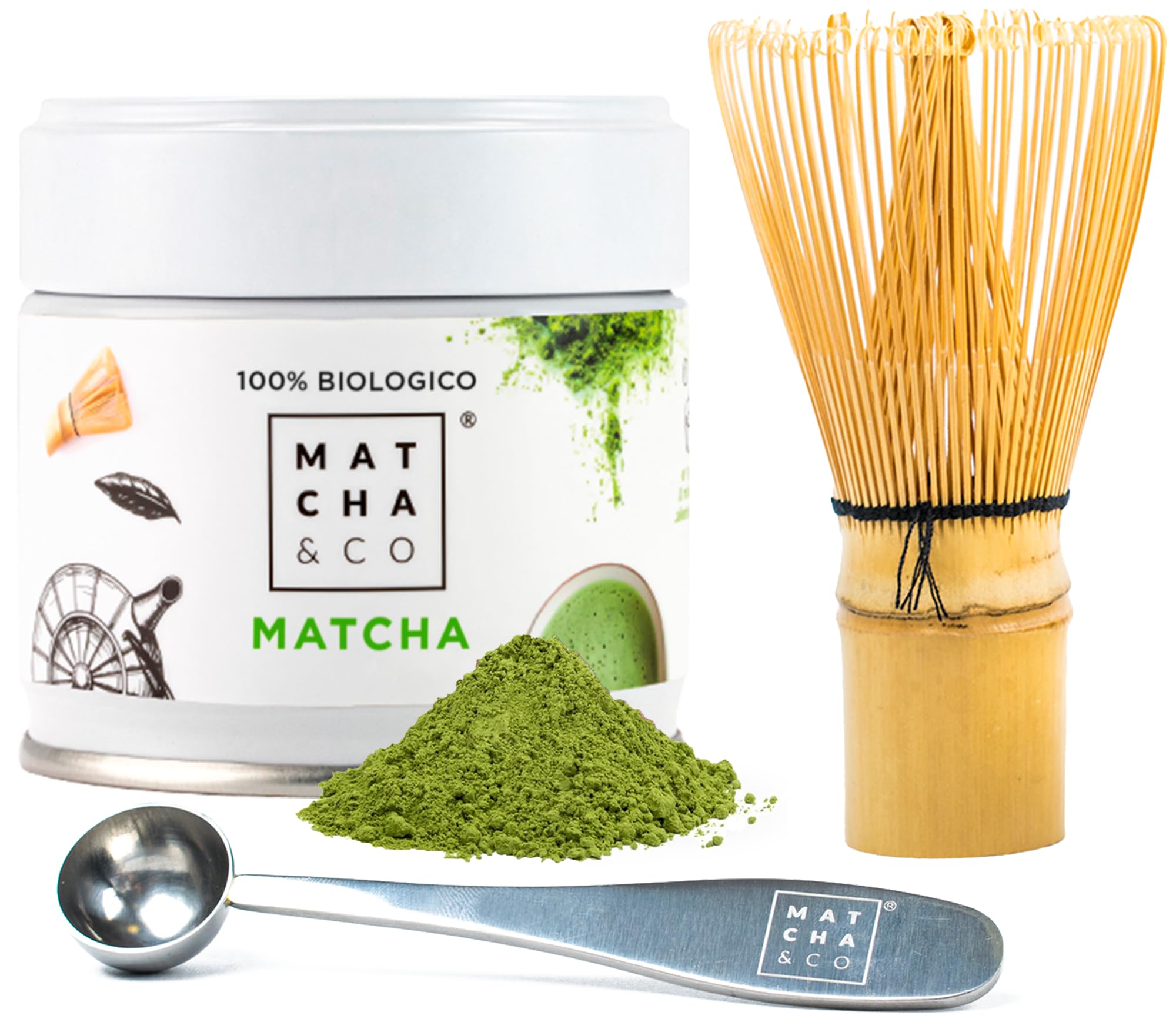 Matcha tea starter set with Original Matcha, measuring spoon, and bamboo whisk.