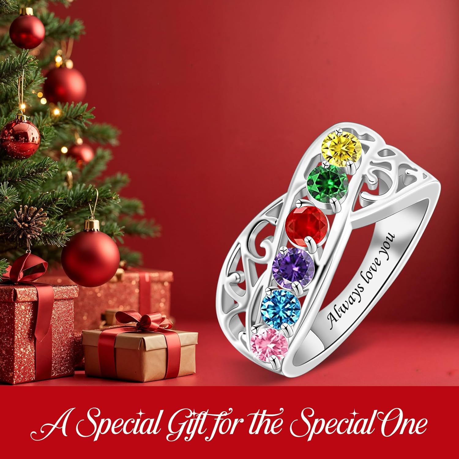 LucySky Custom Gift for Mom's Ring, Personalized Mothers Rings with 1-6 Simulated Birthstones, Engraved Family Ring Gift for Mom Grandma Mother's Day Anniversary Christmas