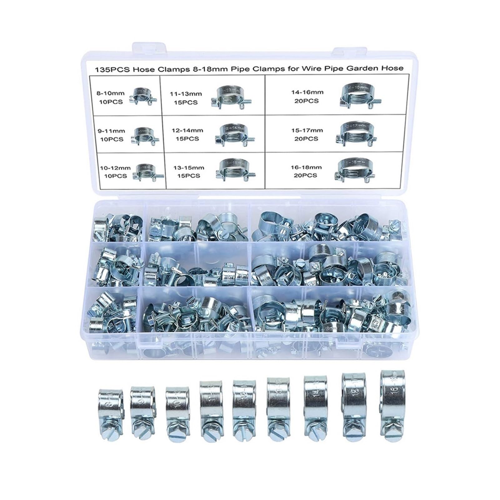 60/135pcs Fascetta stringitubo Fascetta stringitubo Tubo acqua Carburante Fascette di fissaggio Morsetti Morsetto for tubi Morsetti for tubi in metallo Assortimento Kit 8-18mm(135PCS)