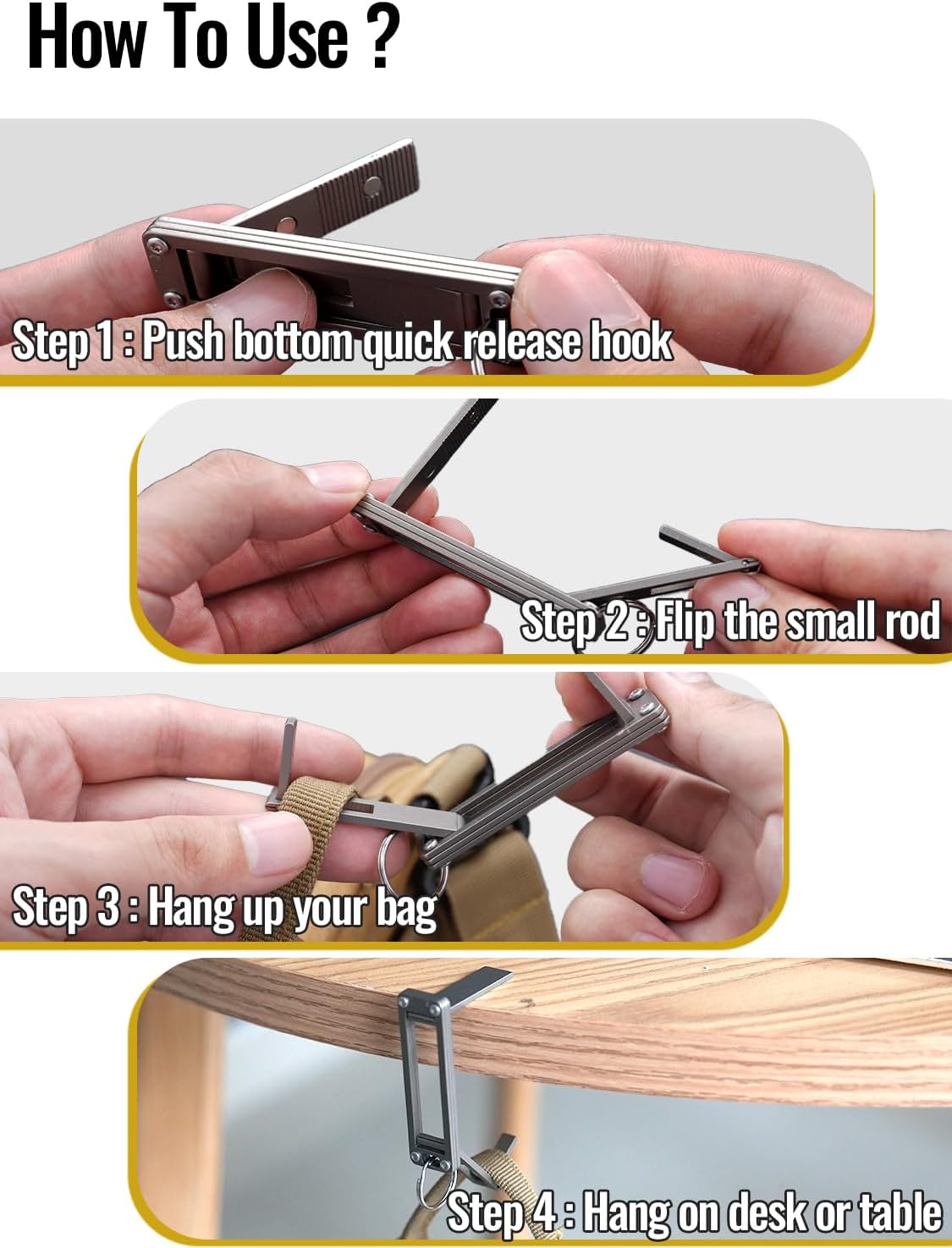 sayram ST5 Titanium Purse Hook for Table – Foldable Bag Hanger with Anti-Slip Arm – Portable Handbag Holder for Dining, Office, and Travel (Polished) - Image 5