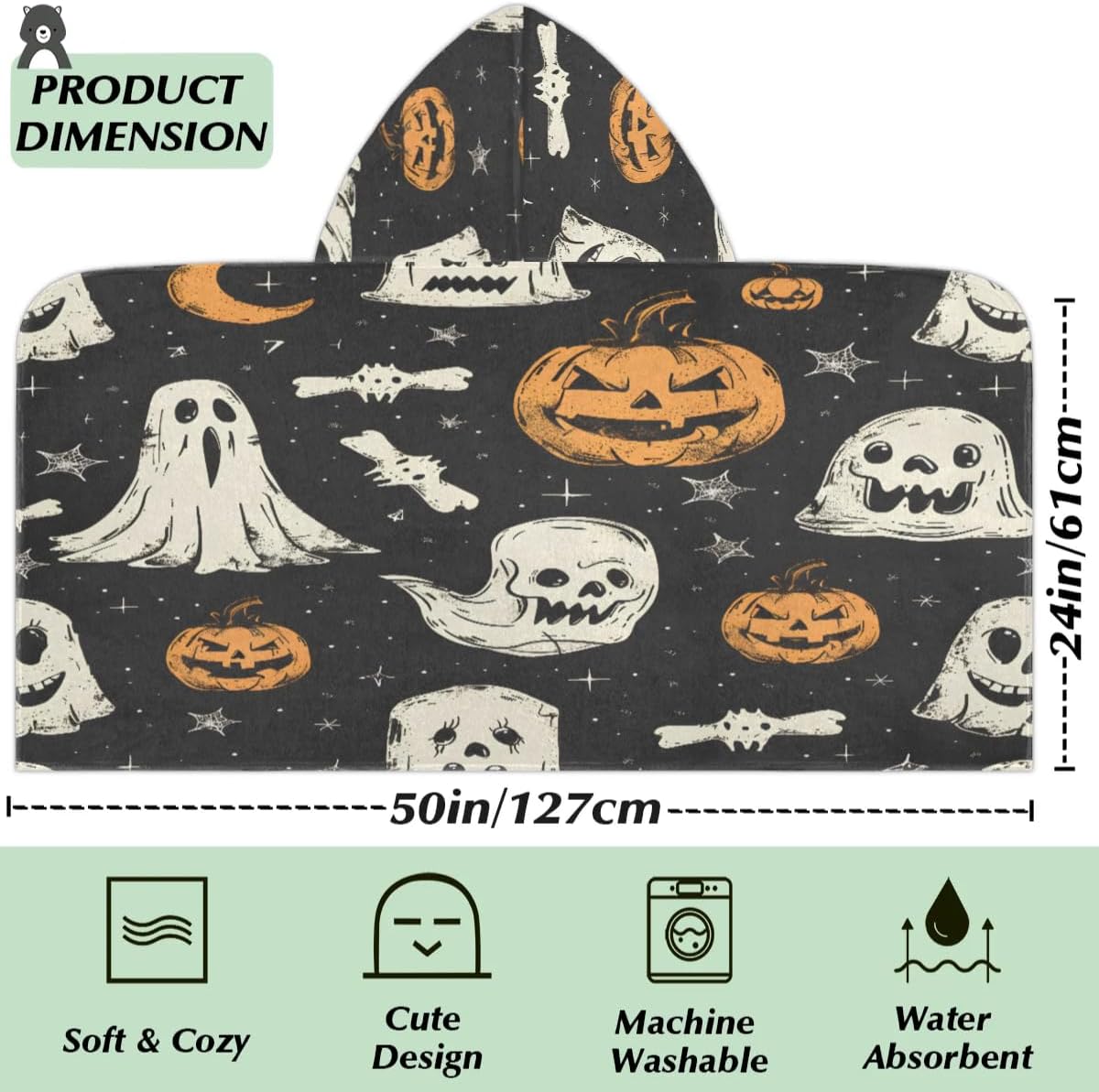 Pardick Kids Bath Towel Skeleton Ghost Beach Towel with Hood Pool Cover Up for Girls Boys Soft Absorbent Hooded Bath Towel Toddler Towels for Beach, Pool