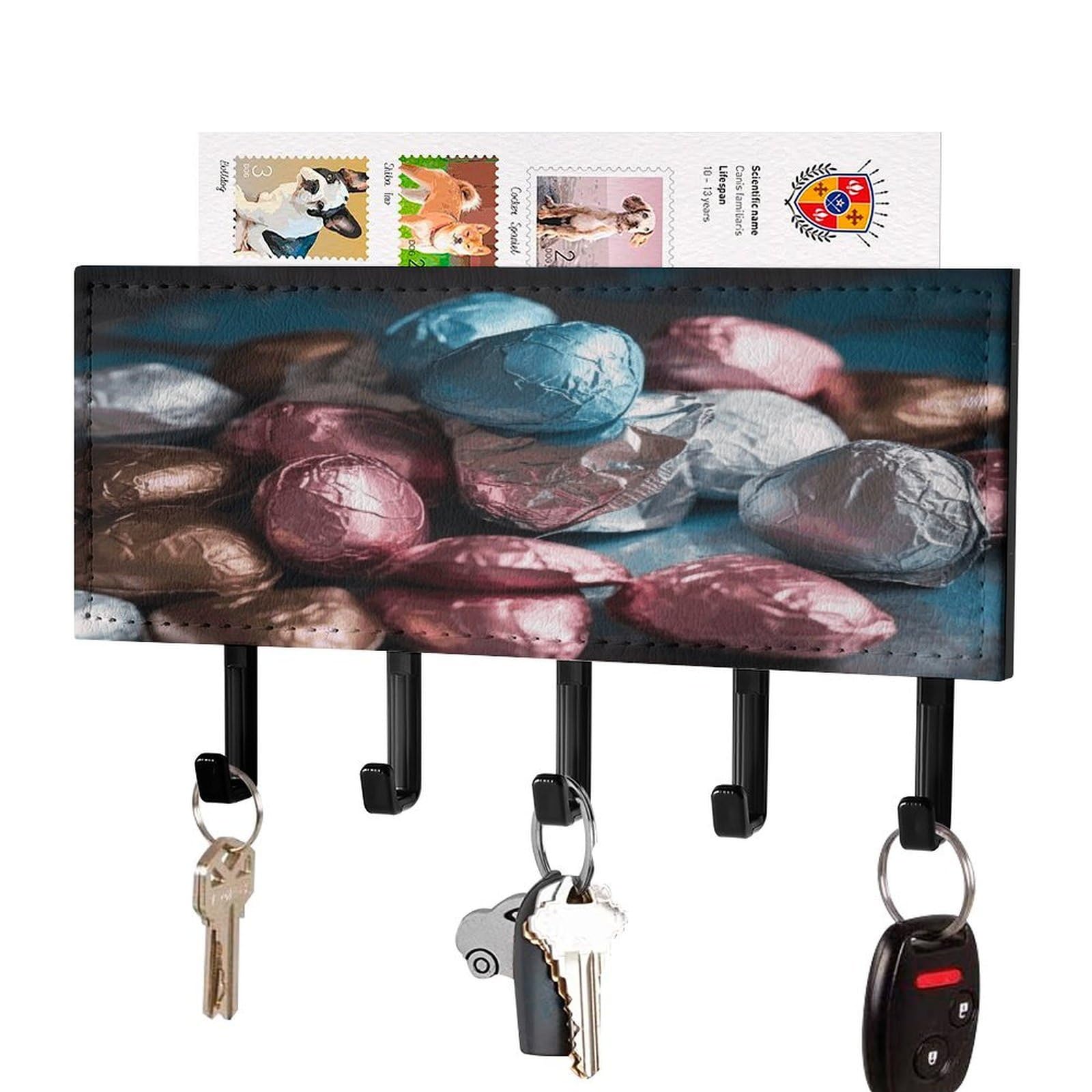 Fekiloot Black-Style Valentine's Day Candy Key Holder Wall Mount Key And Mail Holder Key Hanger With 5 Hooks Decorative Pu Key Rack Hanging Key Hooks For Wall Living Room Kitchen Bathroom Hallway
