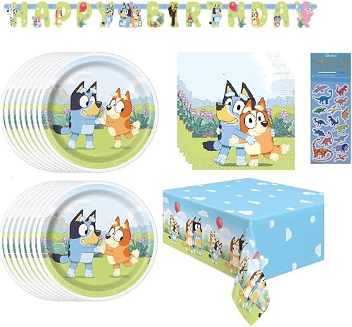 Unique El paquete de suministros para fiesta de cumpleaños de Bluey incluye platos para pastel de postre servilletas cubierta de mesa pancarta de