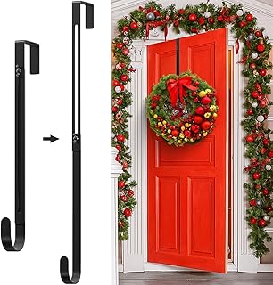 Metal Wreath Hanger for Front Door, Adjustable Wreath Hanger from 12-20", Single Hook, Heavy Duty, Holds up to 20 lbs, Over-the-Door Hook for Hanging Easter, Halloween, Fall, Christmas Decorations