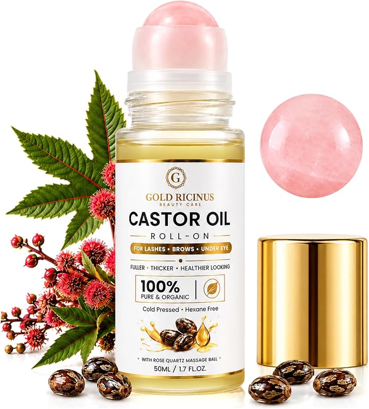 Óleo de rícino orgânico Kumbrocy com aplicador de esfera de quartzo rosa, prensado a frio, 50 mL