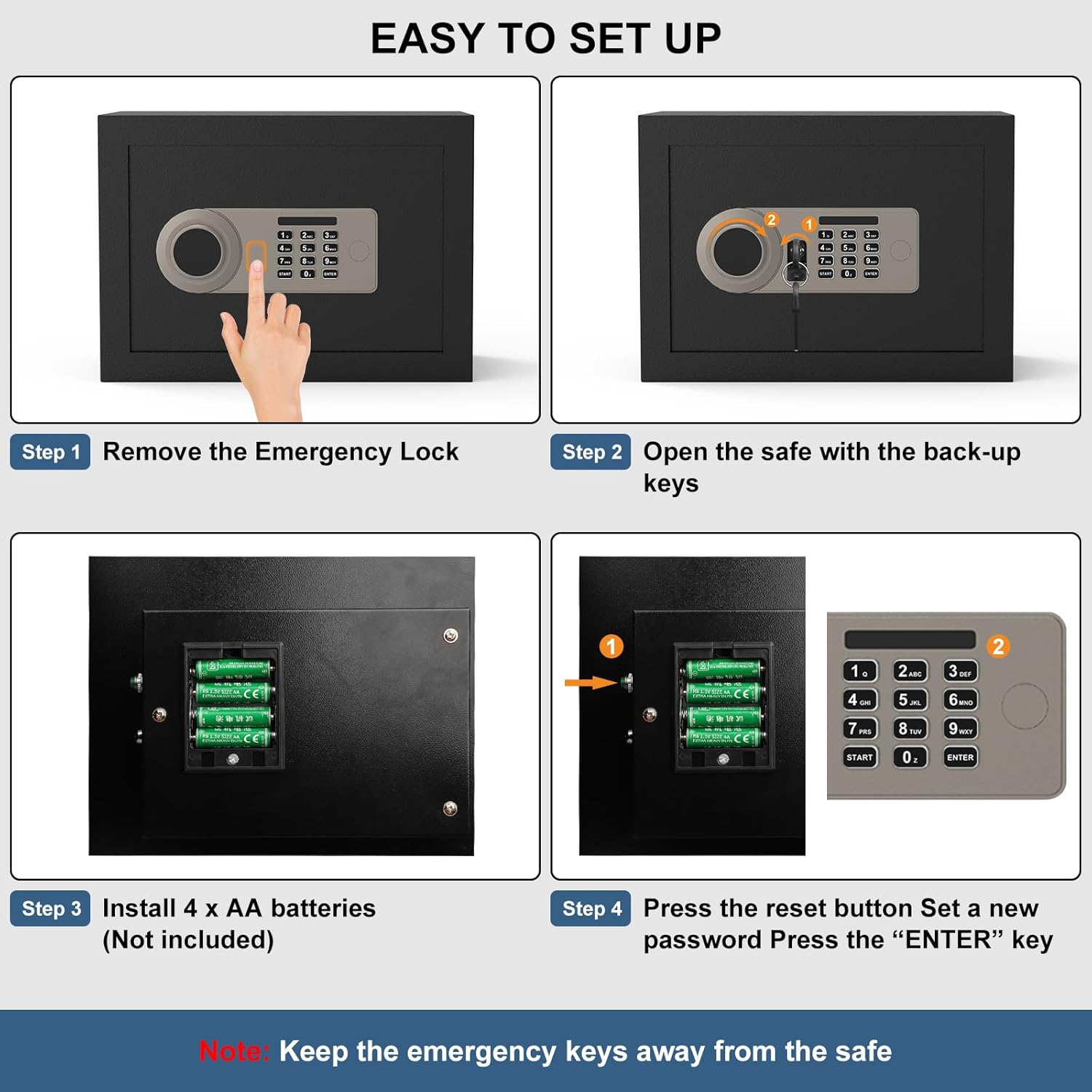 Step-by-step guide for setting up the Diyife Safe Box, showing removal of emergency lock cover, opening with keys, battery installation, and setting a new password