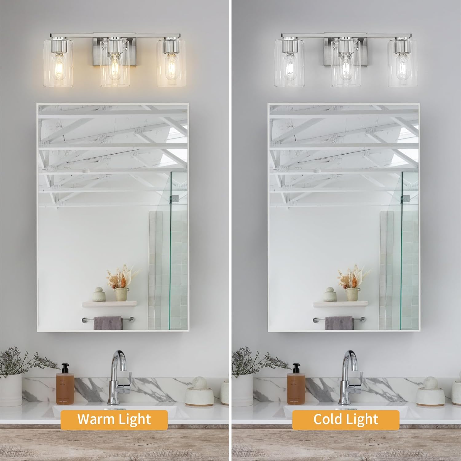 WILON Vanity Light Bathroom, 3 Light Black Modern Vanity Lights with Clear Glass Wall Sconces with Clear Glass, E26 Base, Suitable for Bathroom, Bedroom, Living Room, Corridor (Nickel Sand)