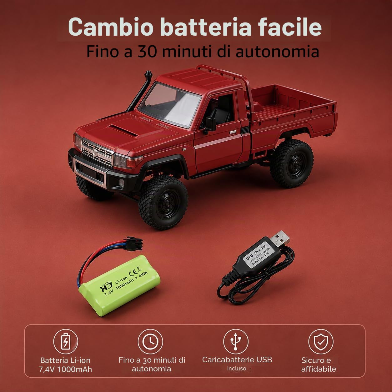 Toyota Land Cruiser | Auto RC telecomandato 1:12 | 4WD Crawler Pickup | Controllo 2,4 GHz 100 m | Luce LED | Li-Ion 7,4 V 500 mAh 30 min | Set completo RTR Offroad (Rosso)