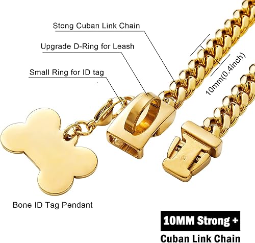 Miniatura 2 de Collar de cadena de oro para perro, chapado en oro de 0.394 in, cadena de eslabones cubanos de acero inoxidable fuerte con etiqueta de