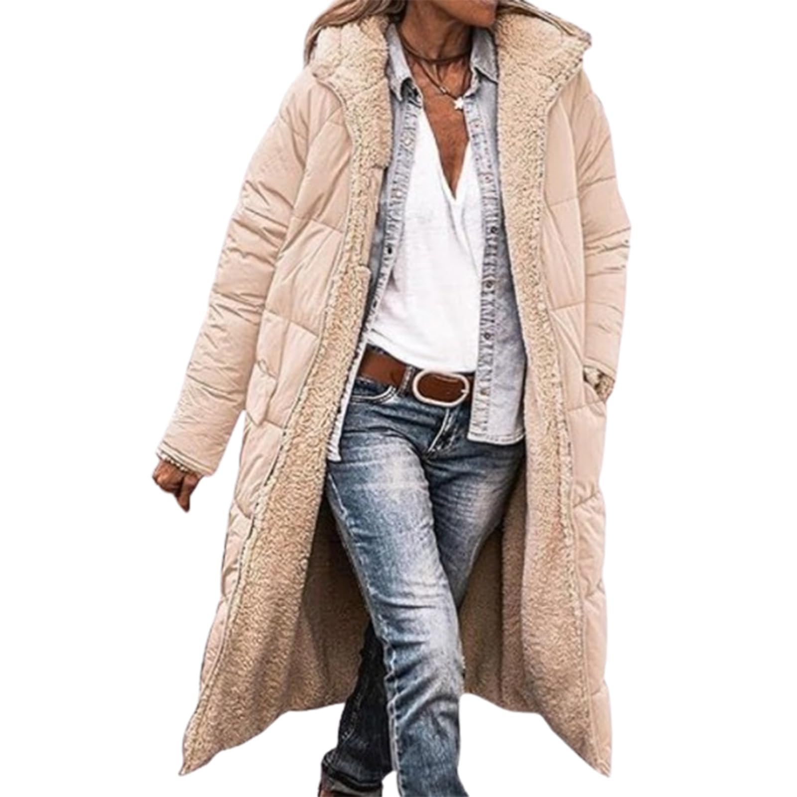 Qingxingfa Women's Apricot ’S Long Quilted Puffer Coat With Hood – Warm Fleece Lined Oversized Winter Jacket (,L)