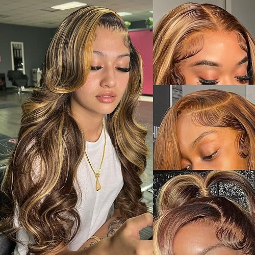 Highlight Ombre Lace Front Wigs Human Hair Pre Plucked with Baby Hair 13x4 Body Wave Frontal Wigs Human Hair 180% Density 4/27 Colored Honey Blonde Lace Front Wig Human Hair for Women 26 Inch