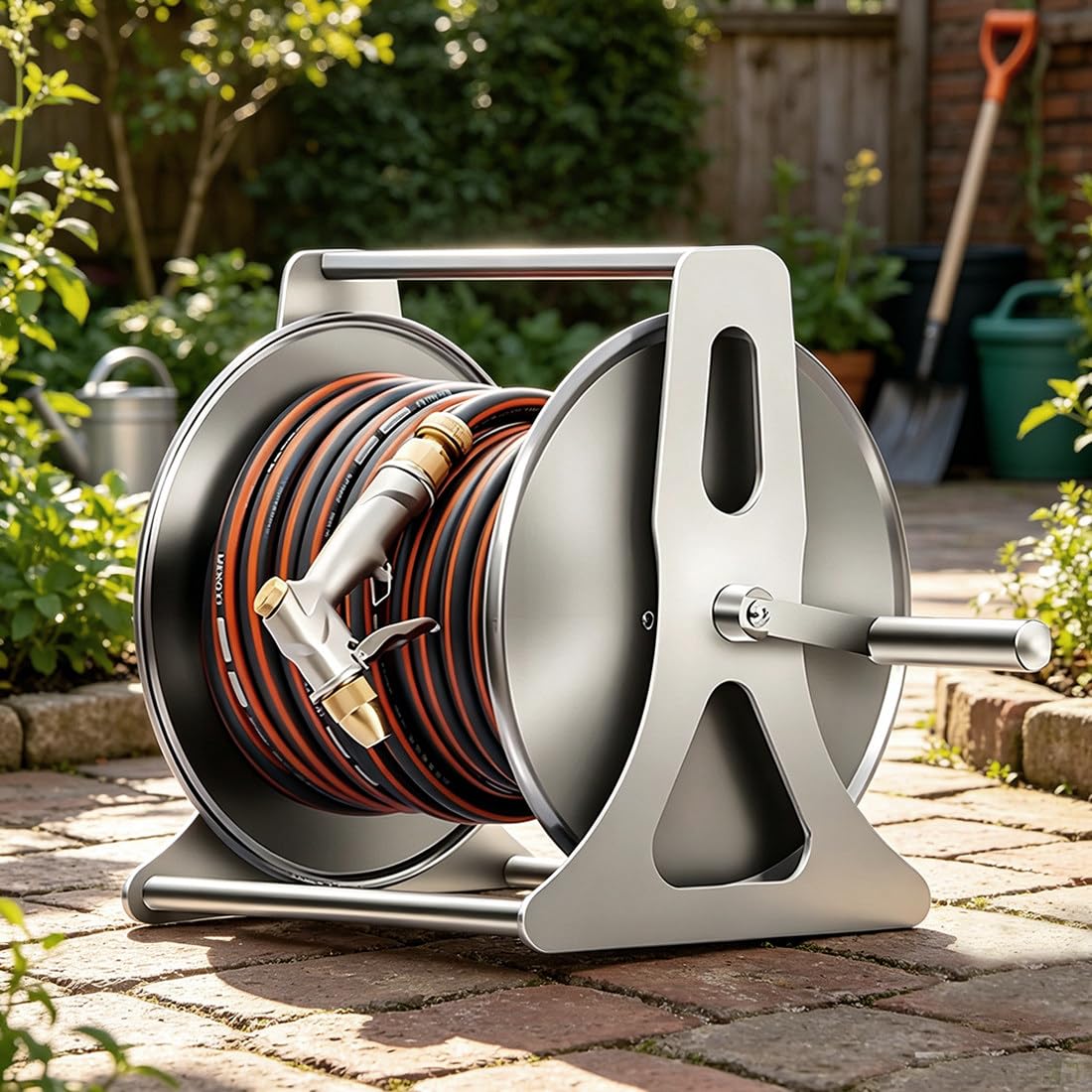 Qiancruxtacy A Stainless Steel Garden Hose Reel, Includes 4-Layer Nti-Burst Hose, Brass Fittings, Multi-Pattern Metal Spray Gun, For Watering Lawn, Car Washing, Pet Bathing & Patio Cleaning -15M