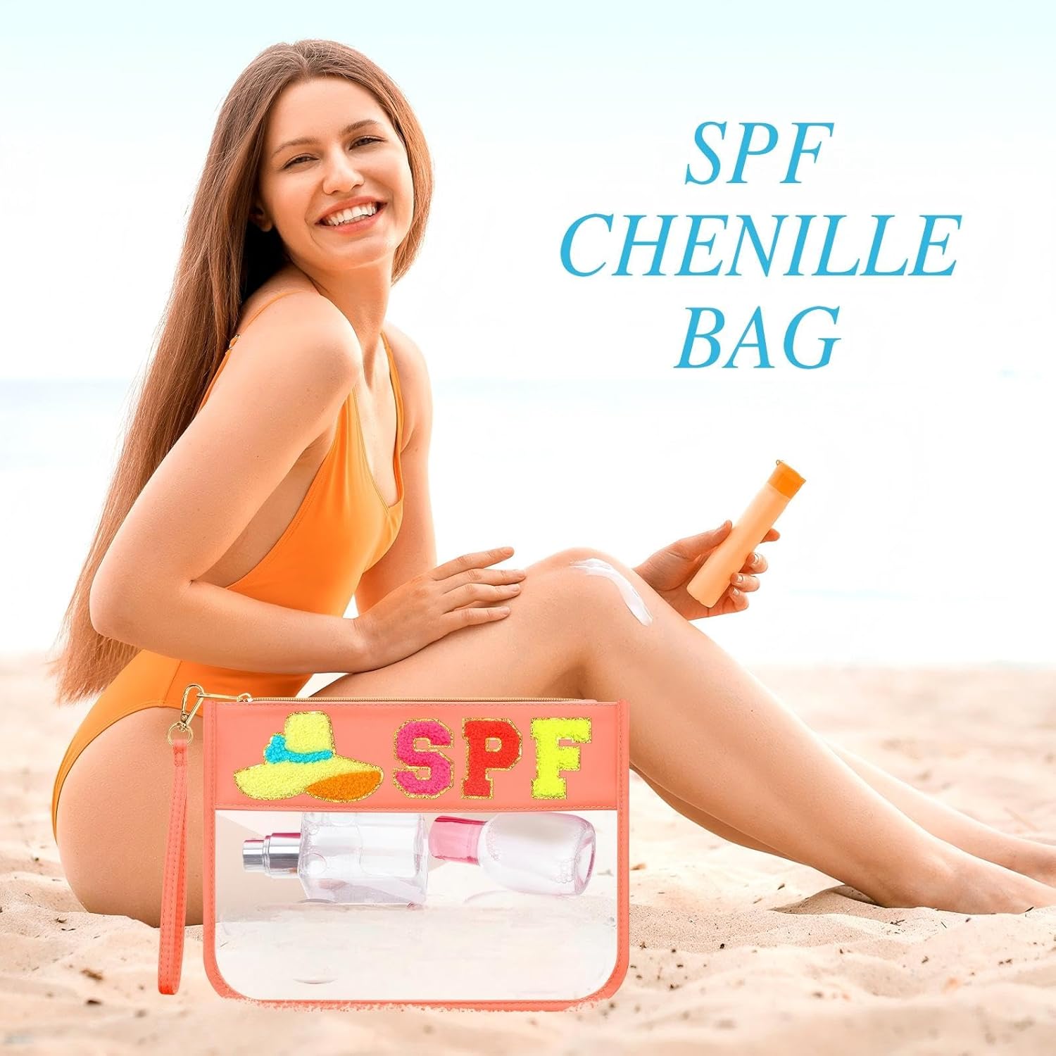Kacctyen 6 Pcs Spf Bags Chenille Letter Clear Makeup Bag with Zipper Nylon Sunscreen Cosmetic Travel Pouch Transparent Toiletry Storager Gym Beach Bag with Handle for Women Girls(Multicolor, Spf)