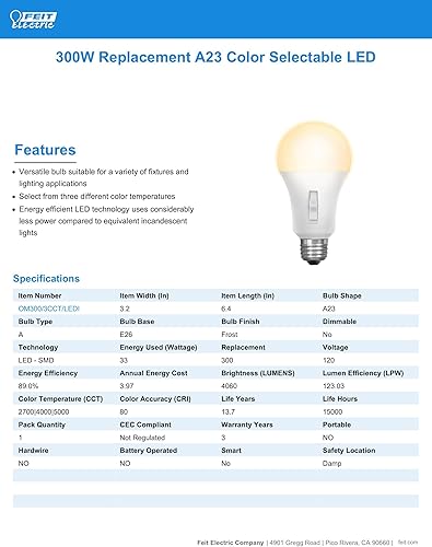 Miniatura 4 de Feit Electric Bombilla Intellibulb LED de tres colores seleccionable - A19 con una bombilla de base media E26 - Equivalente a 300 W - Vida útil de