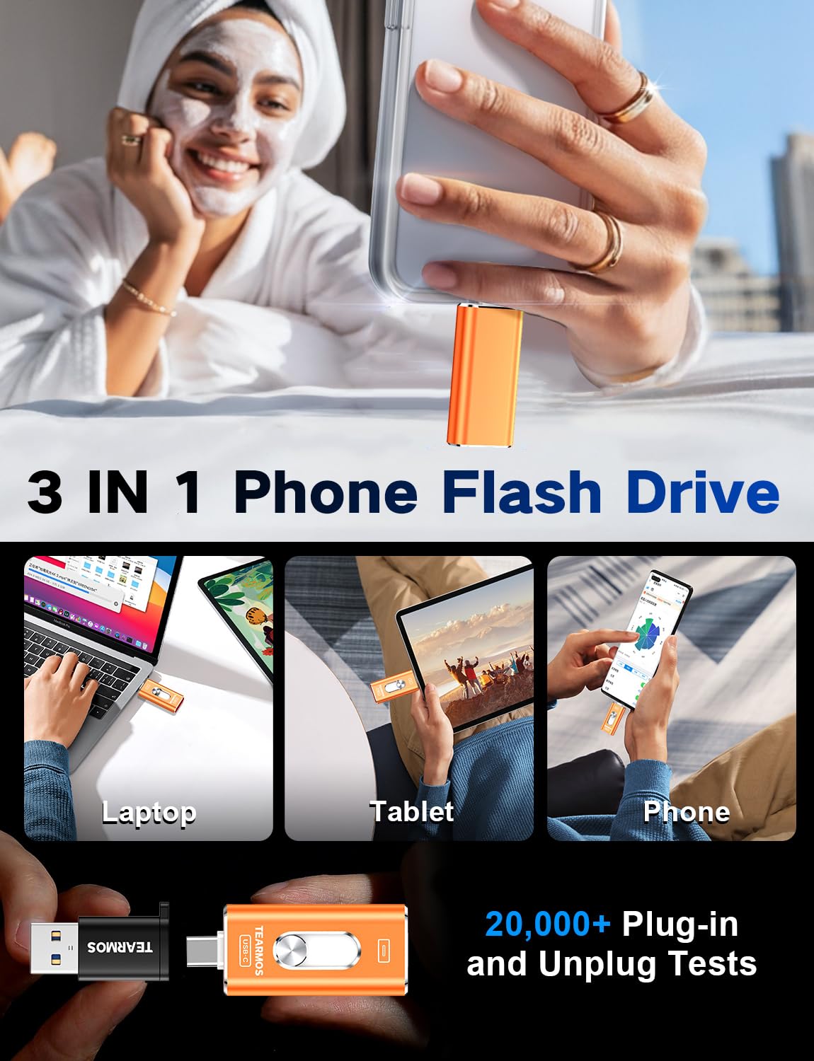 Memoria de 256 GB para unidad flash de iPhone, almacenamiento de teléfono para fotos y videos, copia de seguridad de archivos, compatible con iPhone, iPad, Android, PC, Plug & Play, no