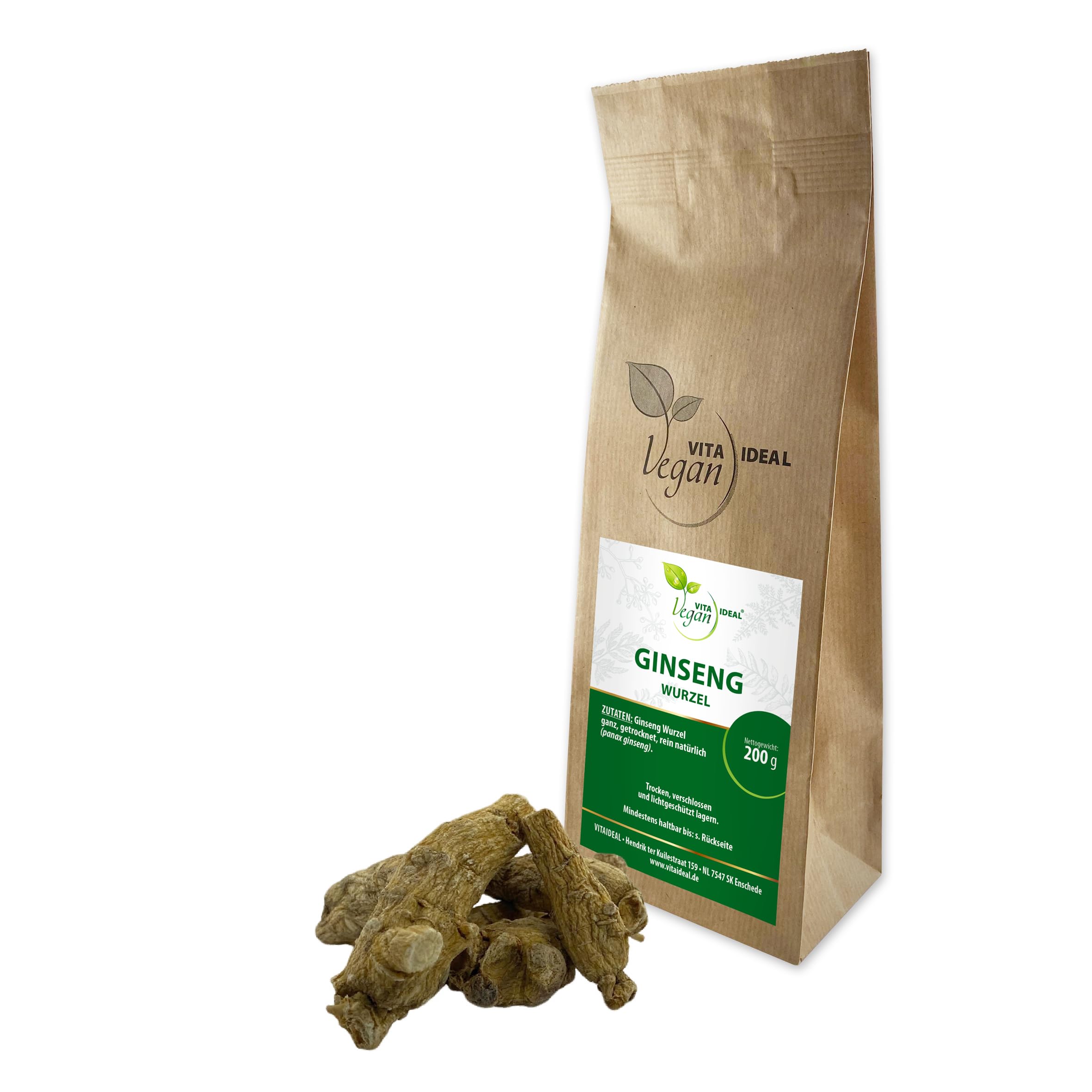 VITA IDEAL Vegan® GINSENG - Wurzel 200g - Panax Ginseng - 6 Jahre alt/weiße GINSENGWURZEL getrocknet - Tee - Tinktur & Aufguss, ohne Zusatzstoffe.
