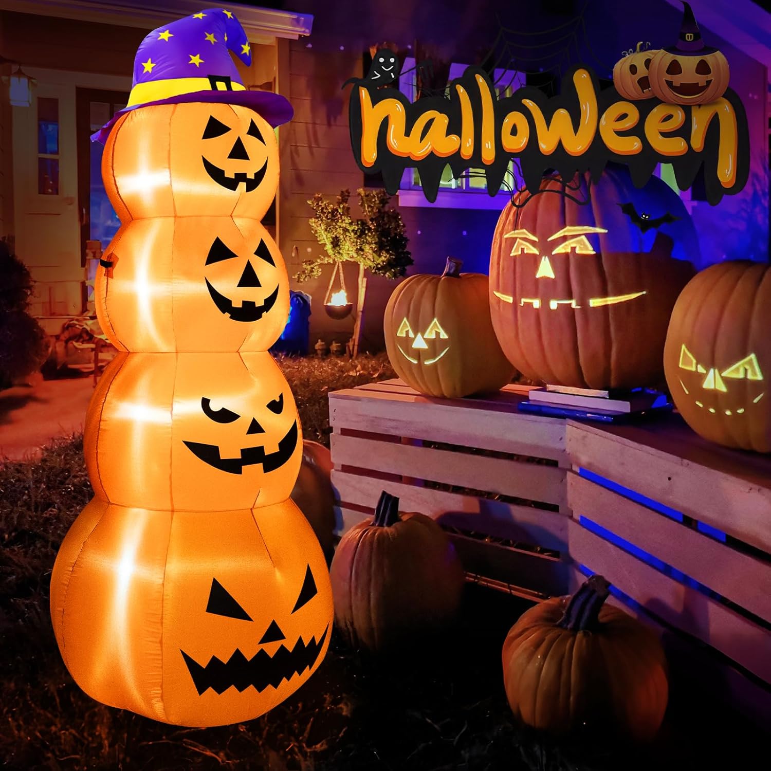 B&D 8FT Halloween Inflatable Outdoor Decoration Stacked Pumpkins with Witch’s Hat, Inflatable Halloween Decorations Blow up Pumpkin Built-in LEDs for Holiday Party Indoor Outdoor Yard Garden Lawn