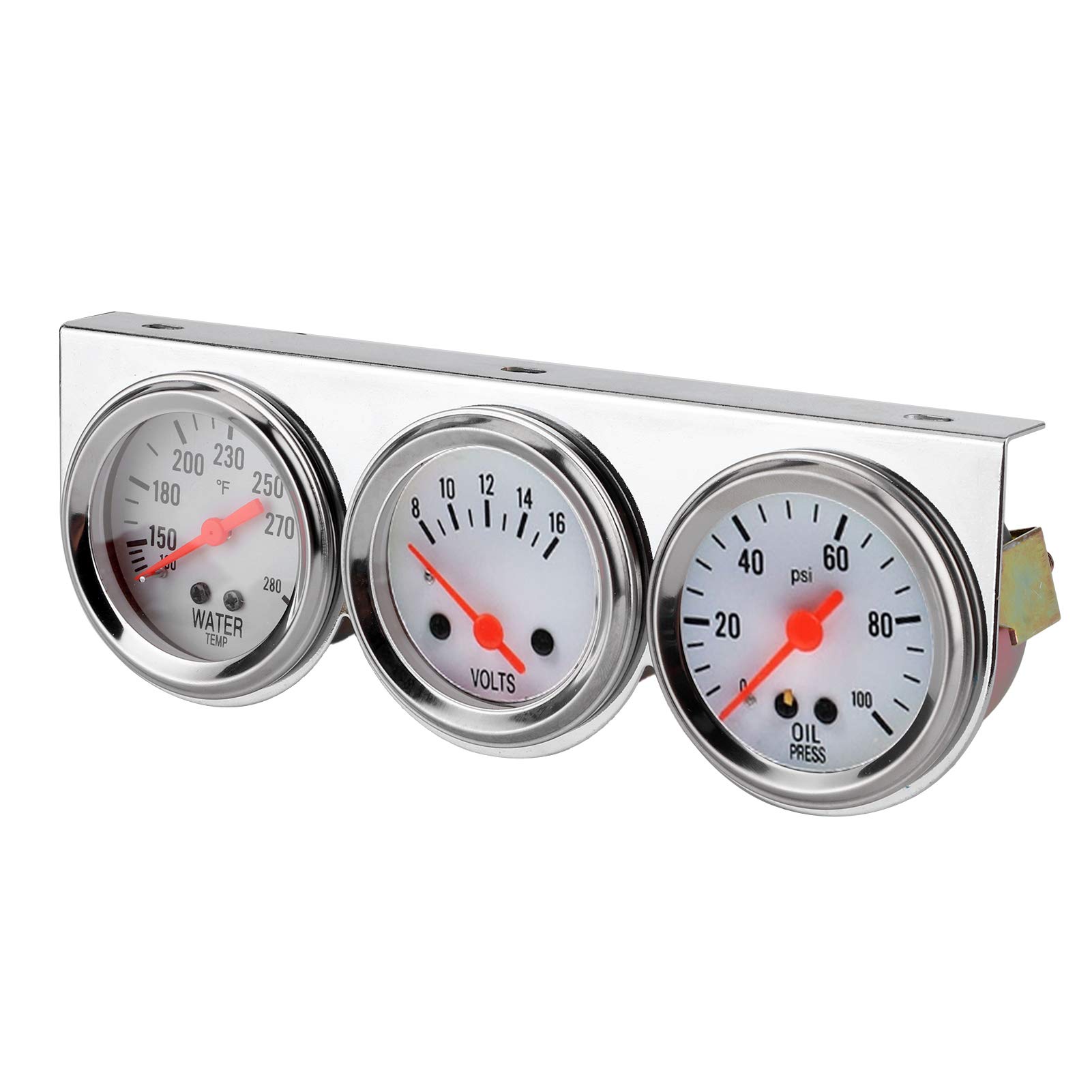 Tnfeeon Dreifach-Messgerätesatz, Mechanischer Wassertemperatur-Volt-Öldruckmesser, Kunststoff-Metall-Chrom-Gehäuse, Weißes Zifferblatt, Rote Nadeln, 100 Bis 280 F, 8 Bis 16 V, 0 100 PSI Für Hot Rods