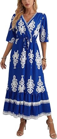 Women V Neck Short Sleeves High Waist Floral Bohemian Midi Dress | casual party beach boho print vacation sundress
