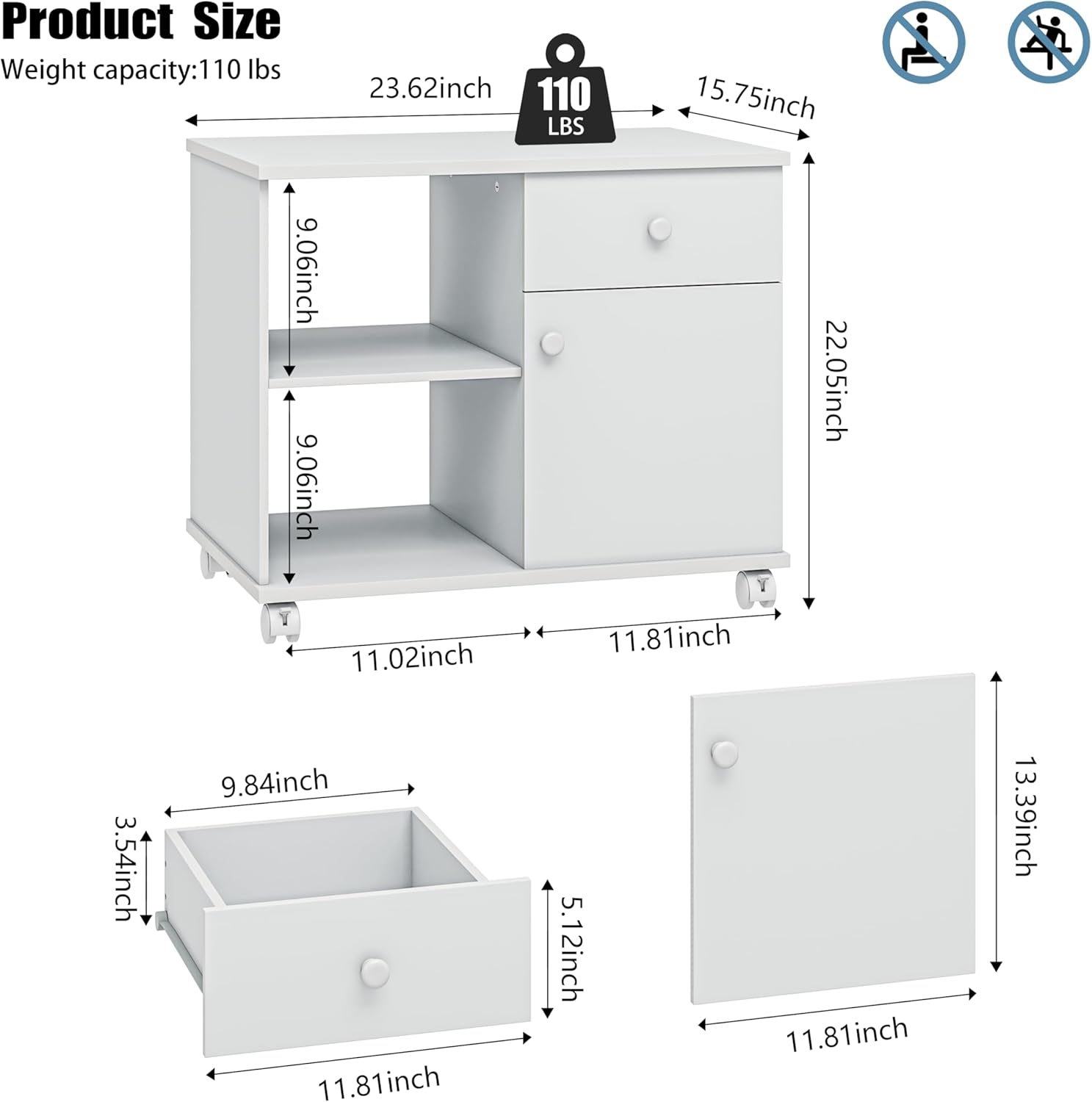 Rolling File Cabinet Mobile Filing Cabinets with Doors Adjustable Shelves Lateral Printer Stand with Drawer for Office Supplies Mobile Filing Cabinet White