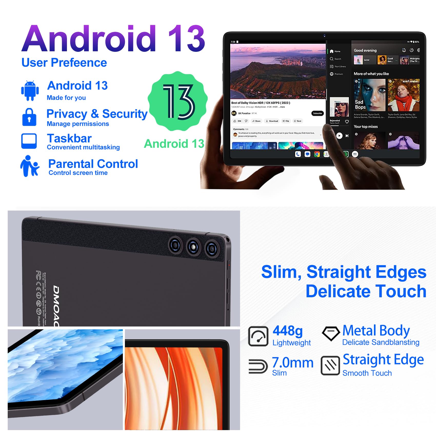 Android 13 Tablet 10 Pollici con 14GB RAM+128GB ROM(1TB Espanso), Octa-Core, WiFi 5G, Fotocamera 8MP+5MP, 8000mAh, Tablet con Tastiera e Mouse, BT5.0/GPS/OTG, Marrone