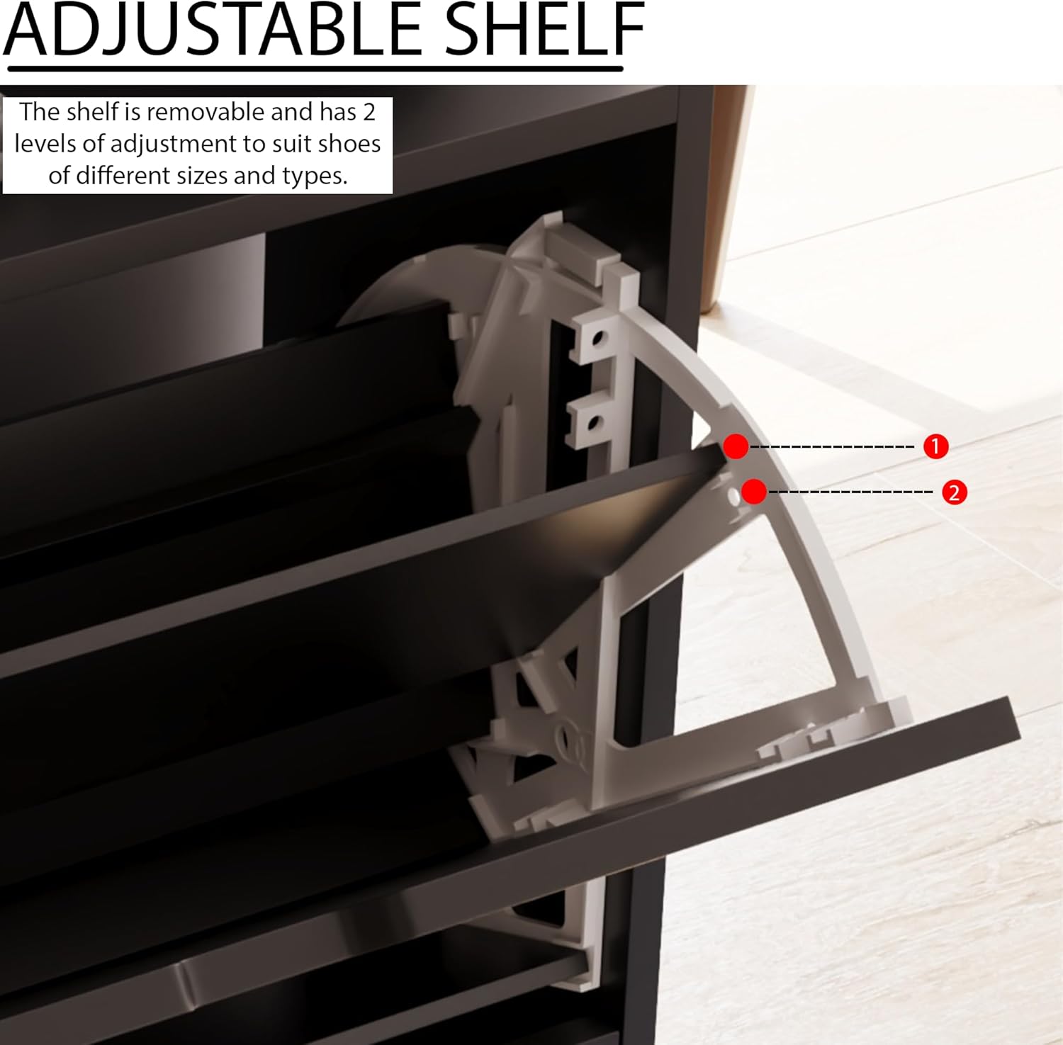 Image showing the anti-tipping mount device and protective foot pads of the shoe cabinet.