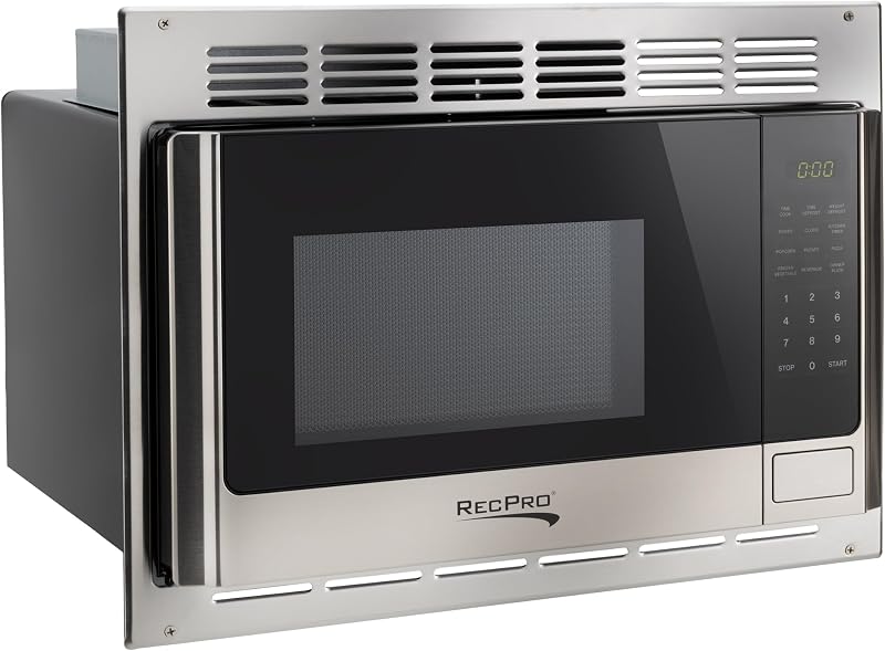 RecPro 1.0 Cu. Ft. RV Microwave with Trim Kit, Stainless Steel | 900W Cooking Power, 8 Express Cook Presets, 10 Power Levels, Instant Star
