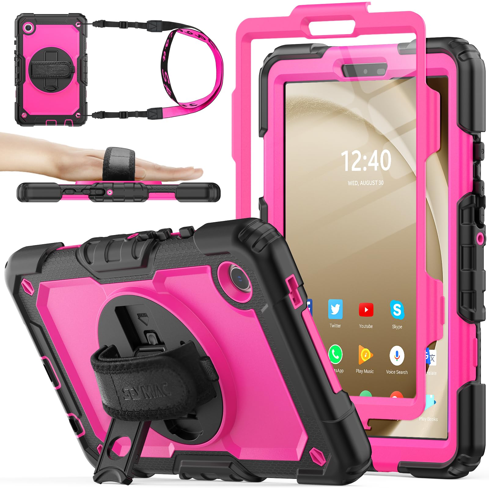 SEYMAC stock Case for Samsung Galaxy Tab A9 8.7'', Full-Body Drop Protection Case with Screen Protector Pencil Holder [360° Rotating Hand Strap] &