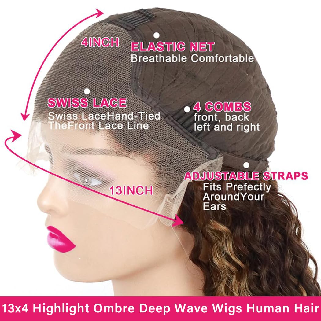 Highlight Ombre HD Transparent 13x4 Lace Front Wigs Human Hair 180% Density Honey Blonde 4/27 Deep Wave Lace Front Wigs for Black Women Frontal Curly Wig 22 Inch