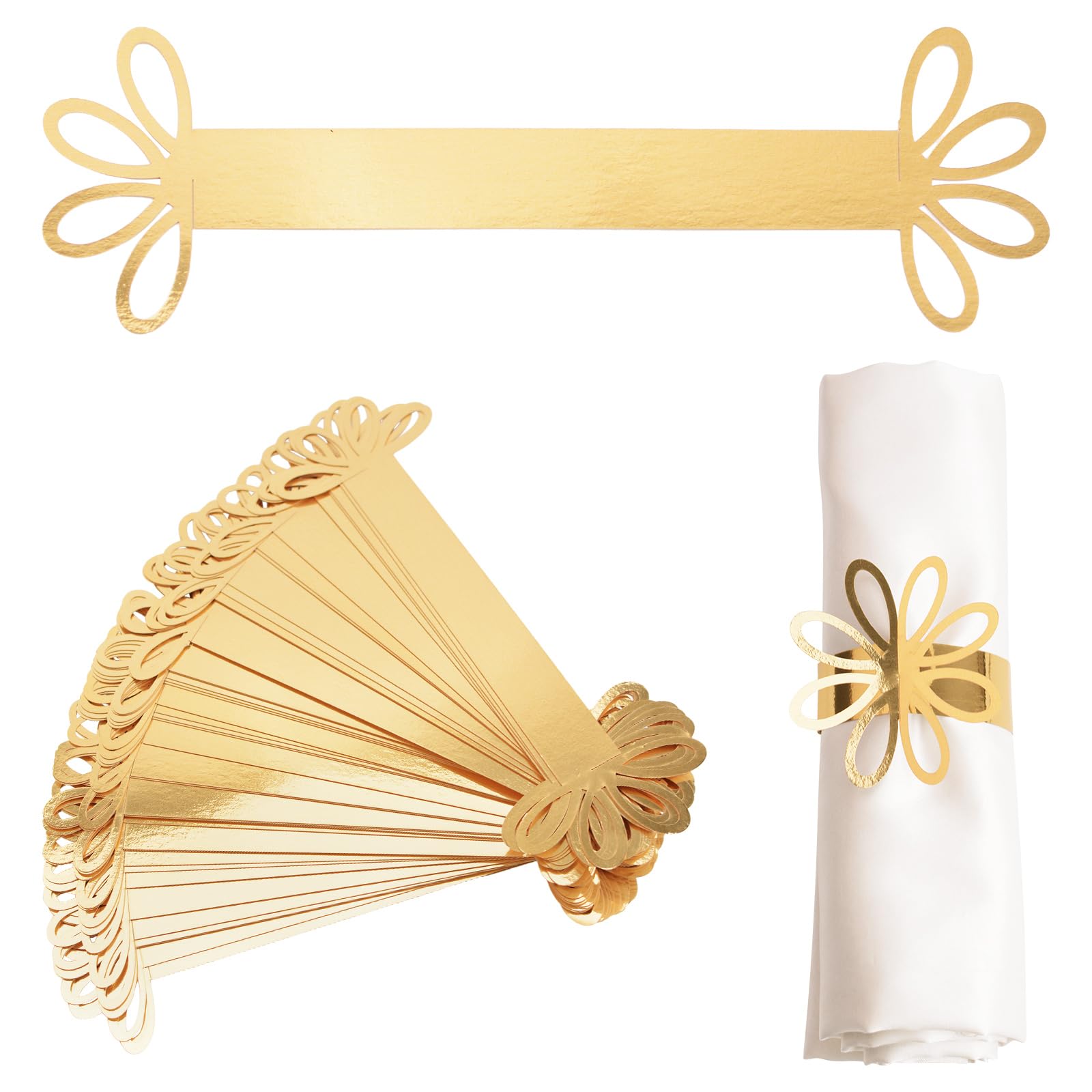 URROMA Servilleteros reflectantes dorados, 50 servilleteros de papel con flores, soporte para servilleteros para bodas, cenas, fiestas, celebraciones, centros de mesa, decoración