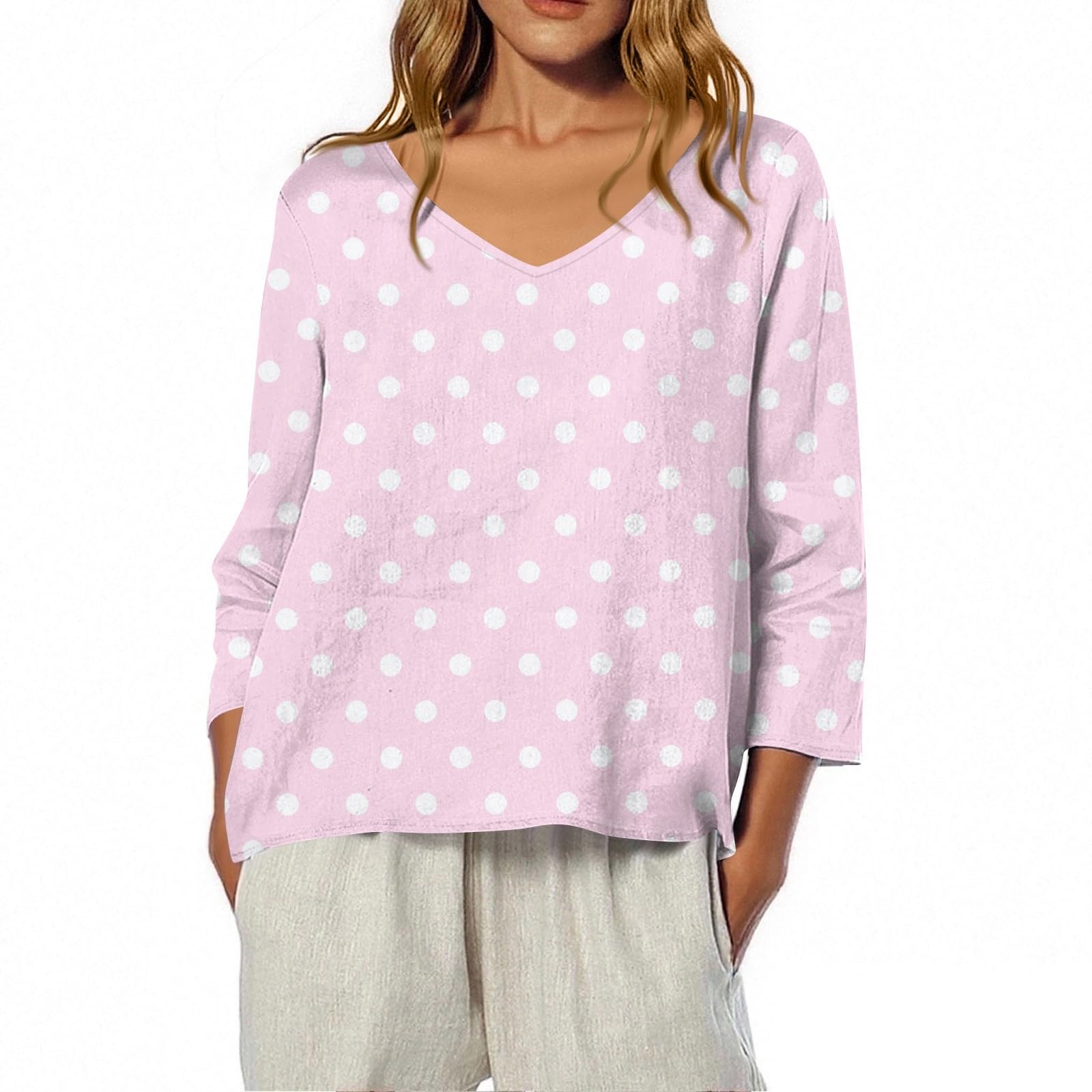 Summer Tops for Women V Neck 3/4 Length Sleeve Tops Cute Fall Linen Floral Print Shirts Western 3/4 Sleeve Blouses