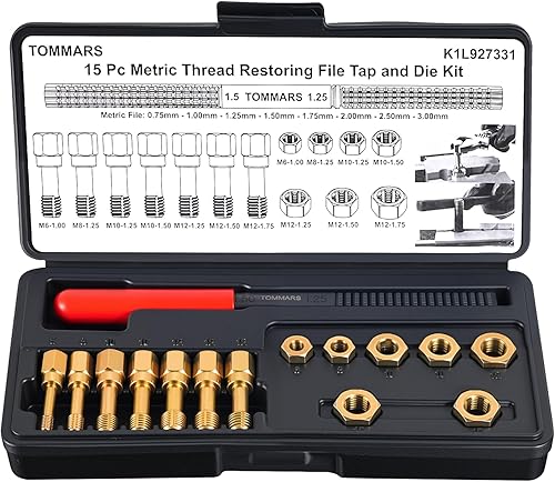 TOMMARS Juego de cazador de roscas métricas de 15 piezas, M6 M8 M10 M12 herramienta restauradora de roscas Kit de reparación de reenhebrado