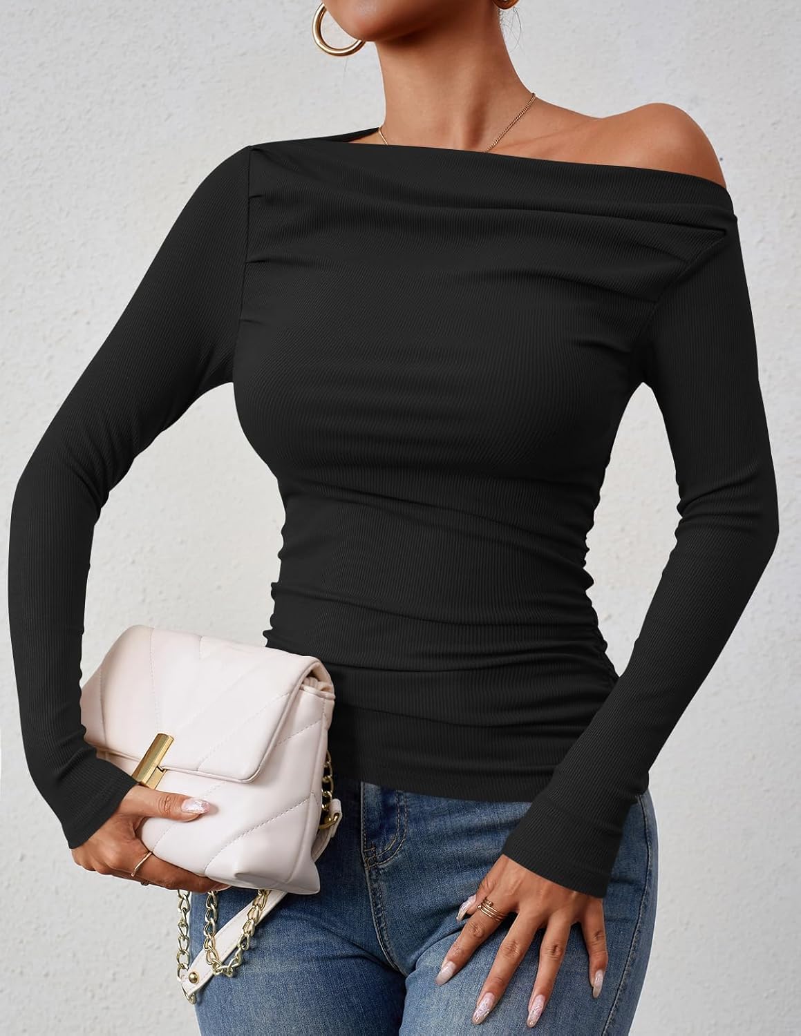 ZESICA Womens Off Shoulder Long Sleeve Tops 2026 Spring Casual Boat Neck Ruched Slim Fit Going Out Y2k Shirts Blouses - Image 7