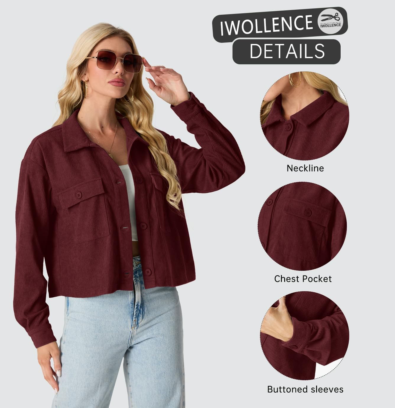 IWOLLENCE Women's Cropped Shacket Jacket Fashion Button Down Corduroy Shacket Jackets Casual Crop Shirts Fall Coat Tops - Image 5