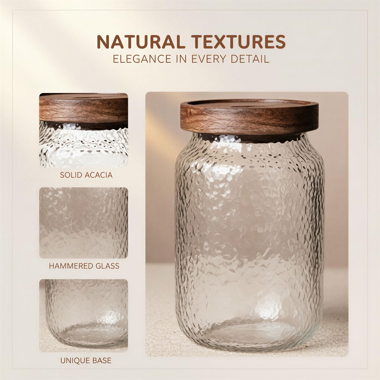 3 Stk. Glas-Aufbewahrungsgläser mit Deckel, 10 oz 17 oz 24 oz luftdichte Glas-Vorratsdosen mit Holzdeckel, gehämmerte Vorratsgläser für Küche, Kaffee, Tee, Getreide, Zucker, Snacks