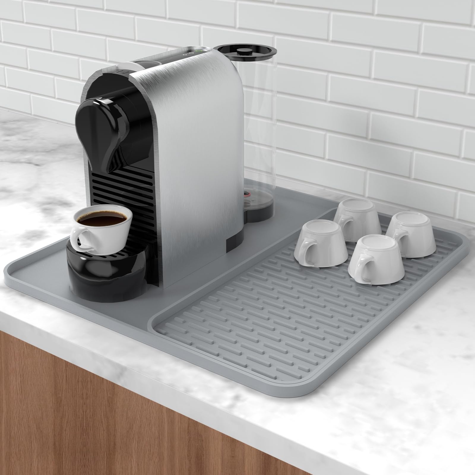 Silikon-Kaffeeunterlage, 60 x 40 cm abnehmbarer Geschirrtrocknungsmatte für Küchenarbeitsplätze, Kaffeebar-Zubehör passt unter Kaffeemaschine