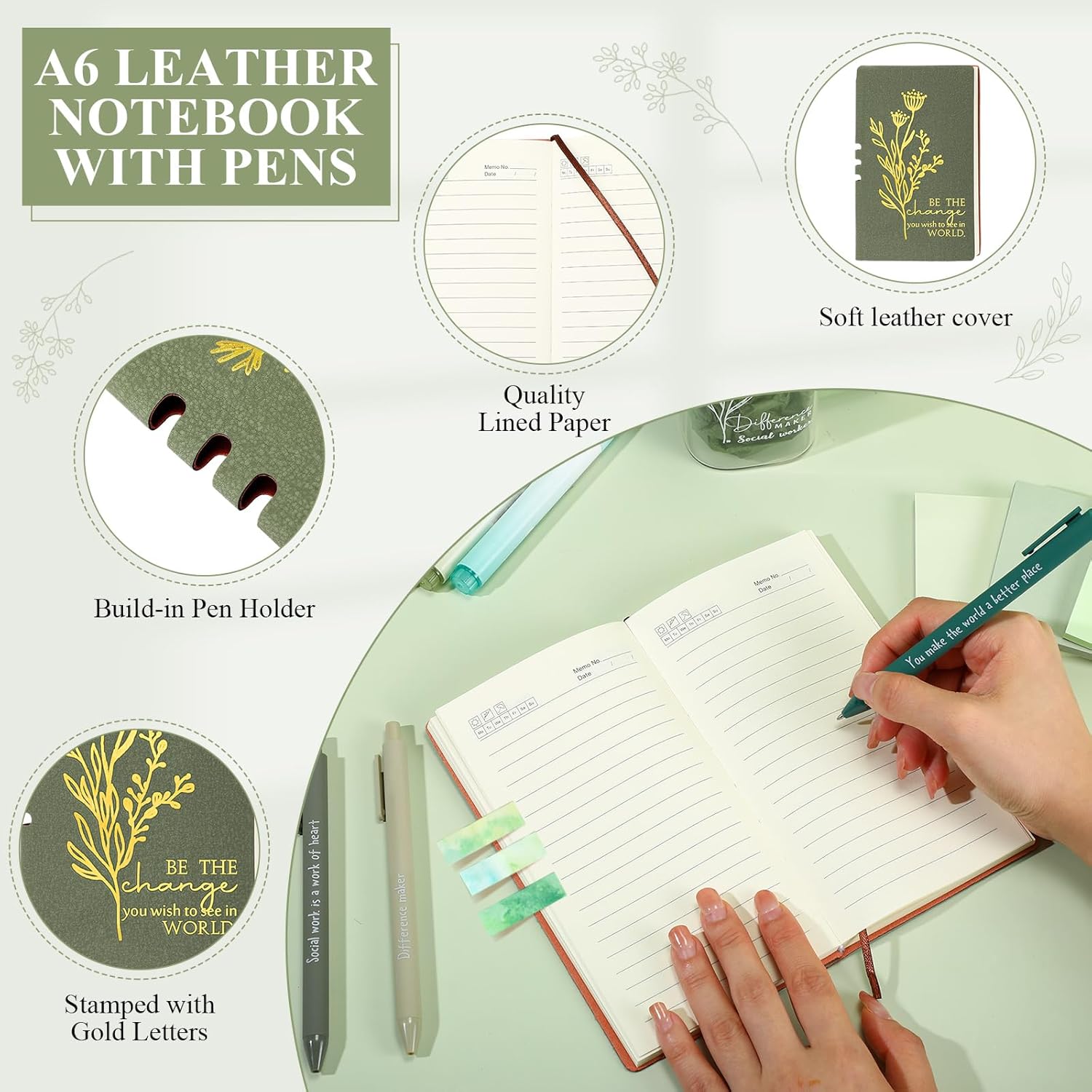 Reallnaive 15 Pcs Social Worker Appreciation Gifts 16 oz Glass Cup Canvas Bag Notebook Ballpoint Pen Sticky Note Graduation Gifts for Bsw Msw Dsw Lcsw Women Volunteer Coworker Office Supplies(Green)