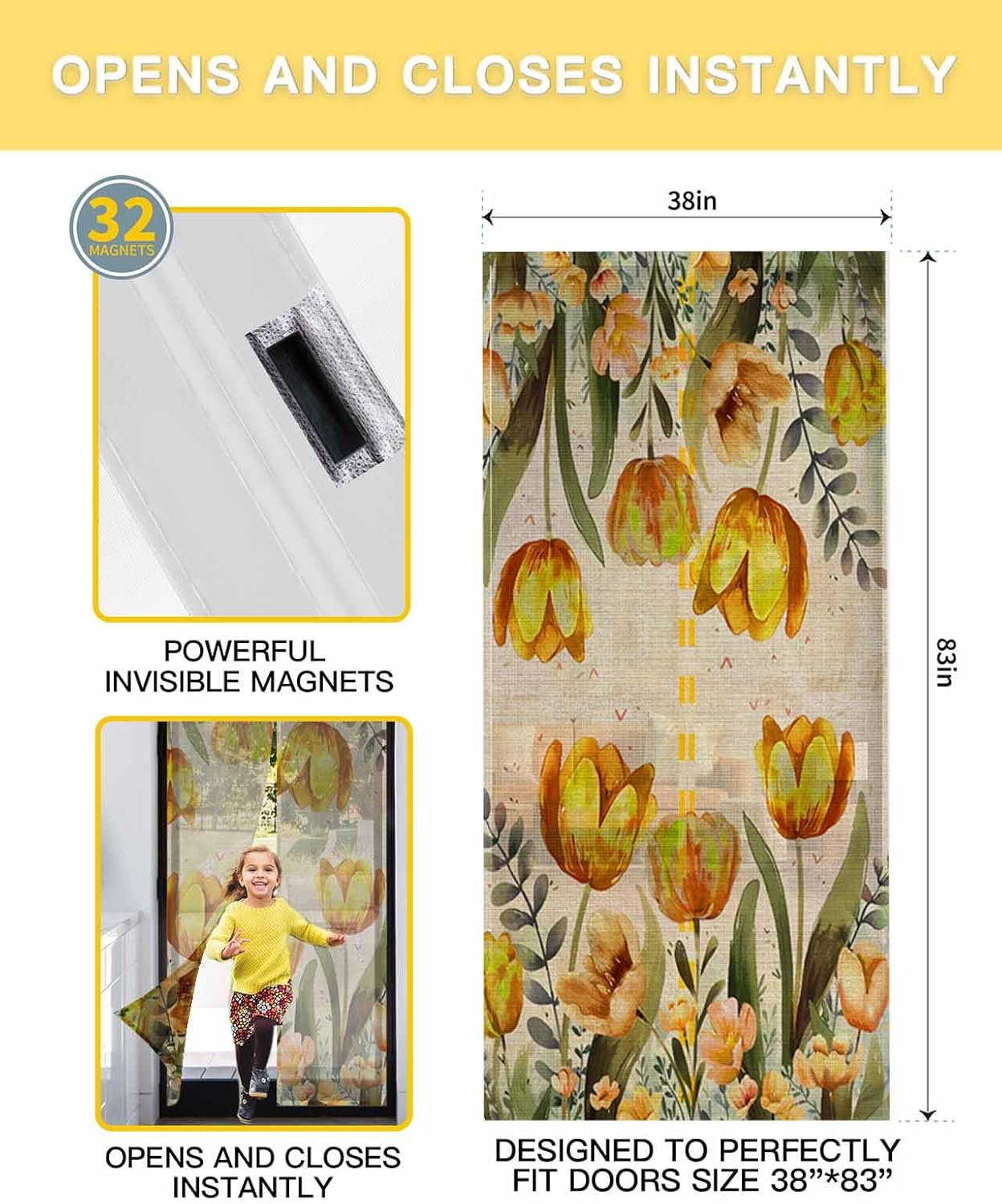 Eucalyptus Floral Magnetic Screen Door, Self Sealing, Hands Free, Windproof Magnet Door Screen Curtains, Fits Door Size 38"x83" Yellow Botanical Blooms Vintage Farmhouse