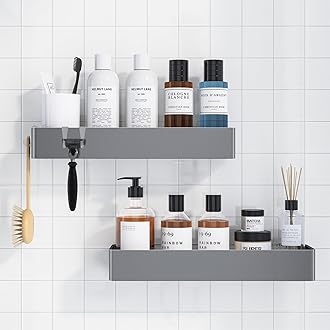 Kitsure Shower Caddy XL - 2 Pieces Self-Adhesive Shower Organiser, Drill-Free Shower Shelves for Indoor Shower, Rustproof Stainless Steel Shower Shelf for Bathroom, Silver Grey