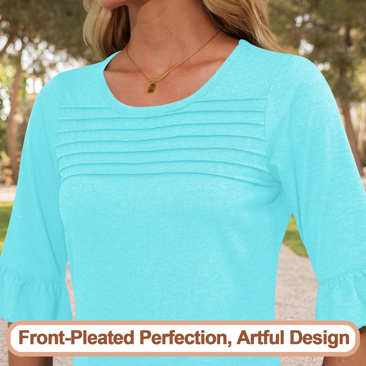 Blingfit Womens Tops 3/4 Length Sleeve Dressy Casual Shirts Bell Sleeve Front Pleated Fasion Trendy Summer Blouses 2026 - Image 4