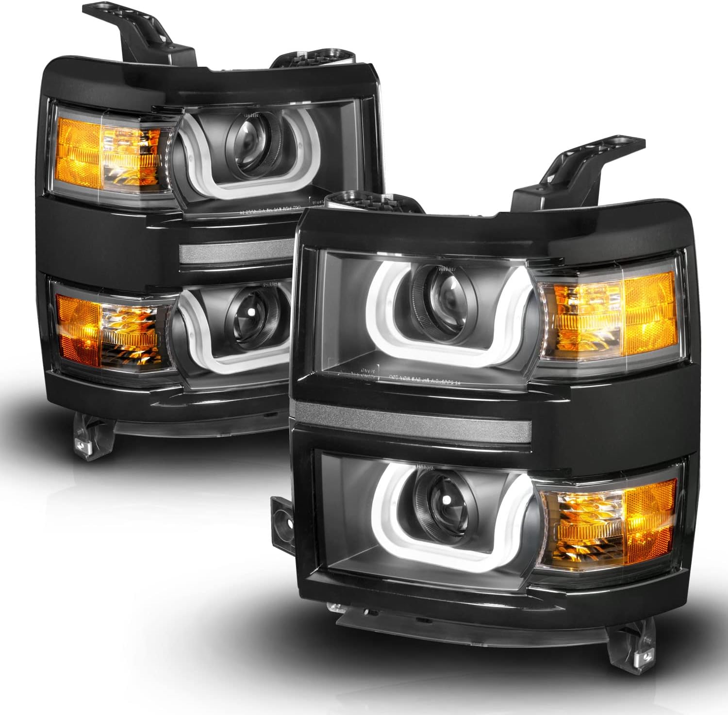 AmeriLite for 2014-2015 Chevy Silverado 1500 Pickup Truck U-Type LED Tube Quad Projector Black Replacement Headlights Pair - Driver and Passenger Side