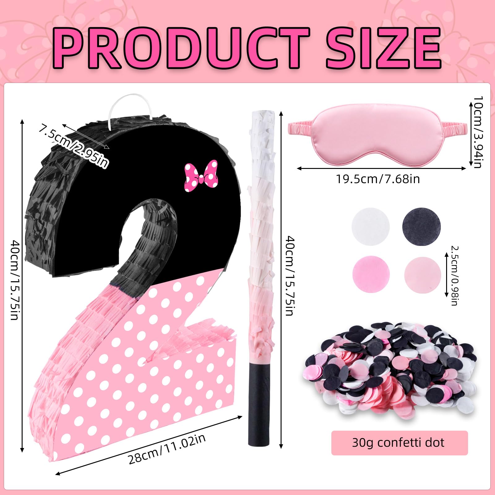 Piñata noire et rose avec nœud sur le thème du nœud, piñata à remplir avec bâton pour les yeux bandés de confettis pour filles et garçons (40 x 29 x 7,6 cm)